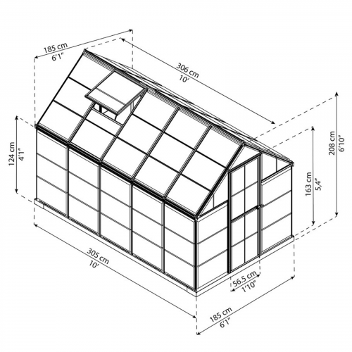 Detailed diagram showing the full dimensions of the MAZE 6 x 10ft Harmony Greenhouse, including width, depth, and height.