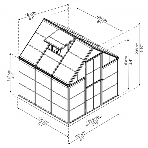 Diagram showing the dimensions of the MAZE 6 x 6ft Harmony Greenhouse, including height, width, and depth measurements.