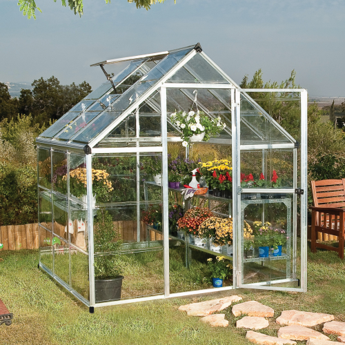 Greenhouse with open door showcasing the spacious interior