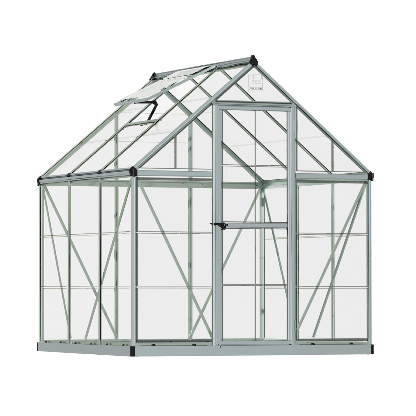 MAZE 6 x 6ft Harmony Greenhouse - Front View with Clear Polycarbonate Panels and Aluminum Frame.