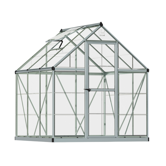 MAZE 6 x 6ft Harmony Greenhouse - Front View with Clear Polycarbonate Panels and Aluminum Frame.