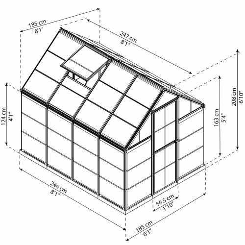 Diagram displaying the full dimensions of the MAZE 6 x 8ft Harmony Greenhouse, including width, depth, and height.