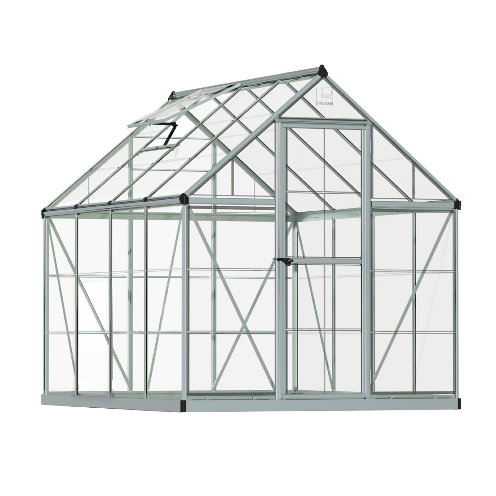 MAZE 6 x 8ft Harmony Greenhouse - Front View showcasing clear polycarbonate panels and robust aluminum frame.