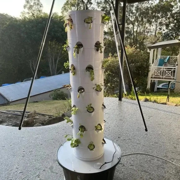 Mr. Stacky Vertical Farming System Australia outdoors with lights