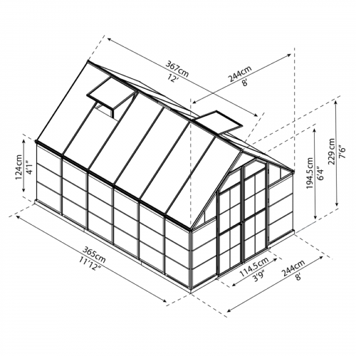 Detailed diagram of the MAZE 8 x 12ft Balance Greenhouse dimensions, including width, depth, and height.