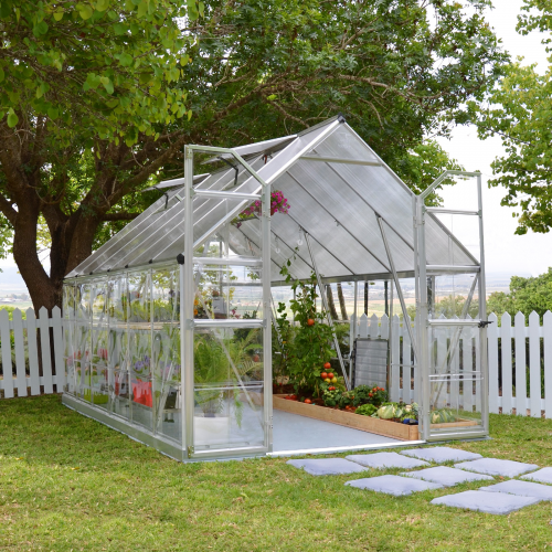 MAZE 8 x 12ft Balance Greenhouse - Front View showcasing the large double-doors and twin-wall polycarbonate roof.