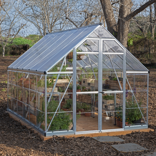  MAZE Balance Greenhouse in a garden, filled with vibrant plants and flowers under clear blue skies.