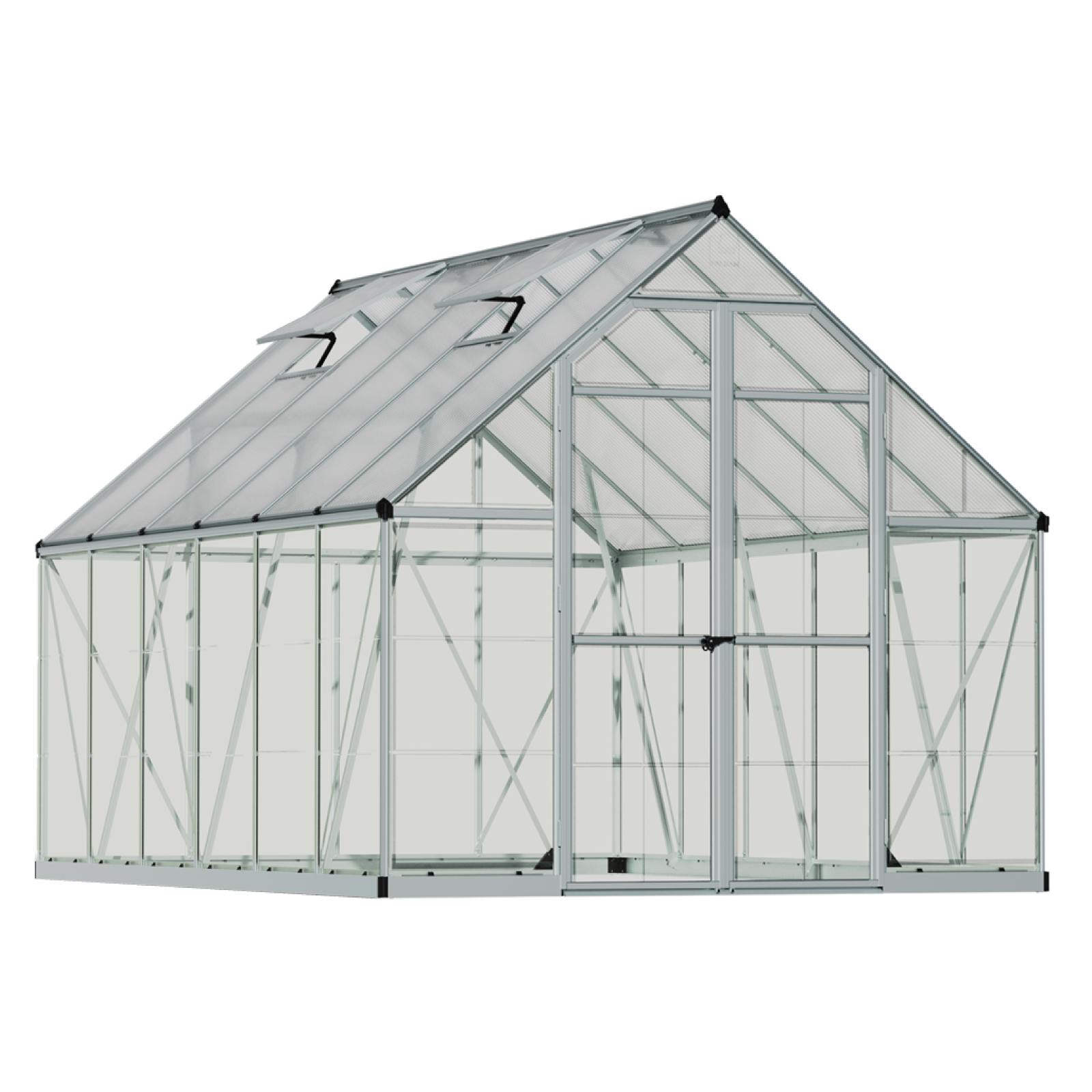 MAZE 8 x 12ft Balance Greenhouse - side View showcasing the large double-doors and twin-wall polycarbonate roof. White Background