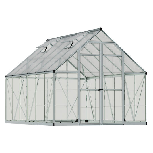 MAZE 8 x 12ft Balance Greenhouse - side View showcasing the large double-doors and twin-wall polycarbonate roof. White Background